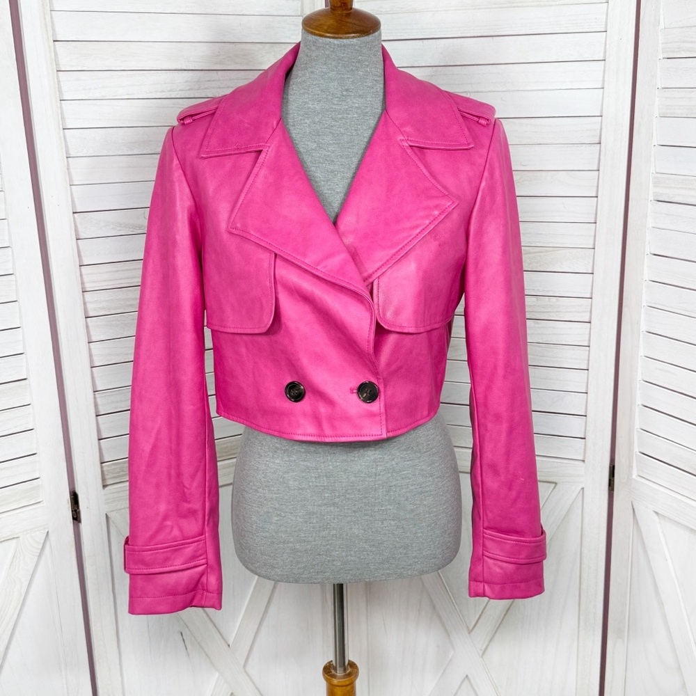 7 for All Mankind Jacket Women Small Bright Pink Faux Leather Cropped Biker Moto